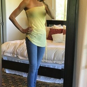 Theory, yellow one shoulder tie blouse.